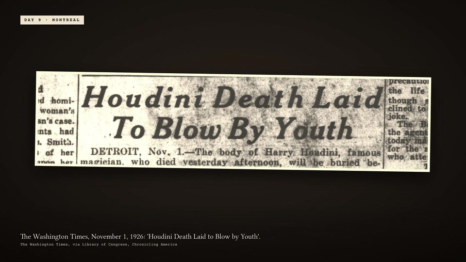 Clipping from The Washington Times of November 1, 1926, with the headline Houdini Death Laid to Blow by Youth, on a dark desk.