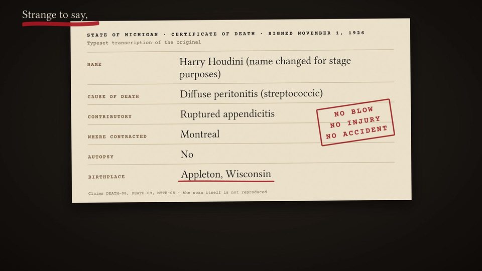 Typeset card of the death certificate: cause of death diffuse peritonitis, contributory ruptured appendicitis, contracted in Montreal, no autopsy, birthplace Appleton, Wisconsin underlined in red, and a red stamp reading No blow, no injury, no accident.