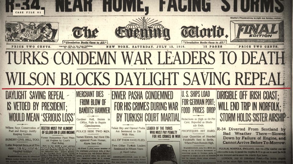 Front page of The Evening World for July 12, 1919, with the banner headline Wilson blocks daylight saving repeal underlined in red pencil.