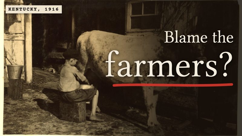 A boy milks a cow in a Kentucky barnyard in 1916, under the words: Blame the farmers?